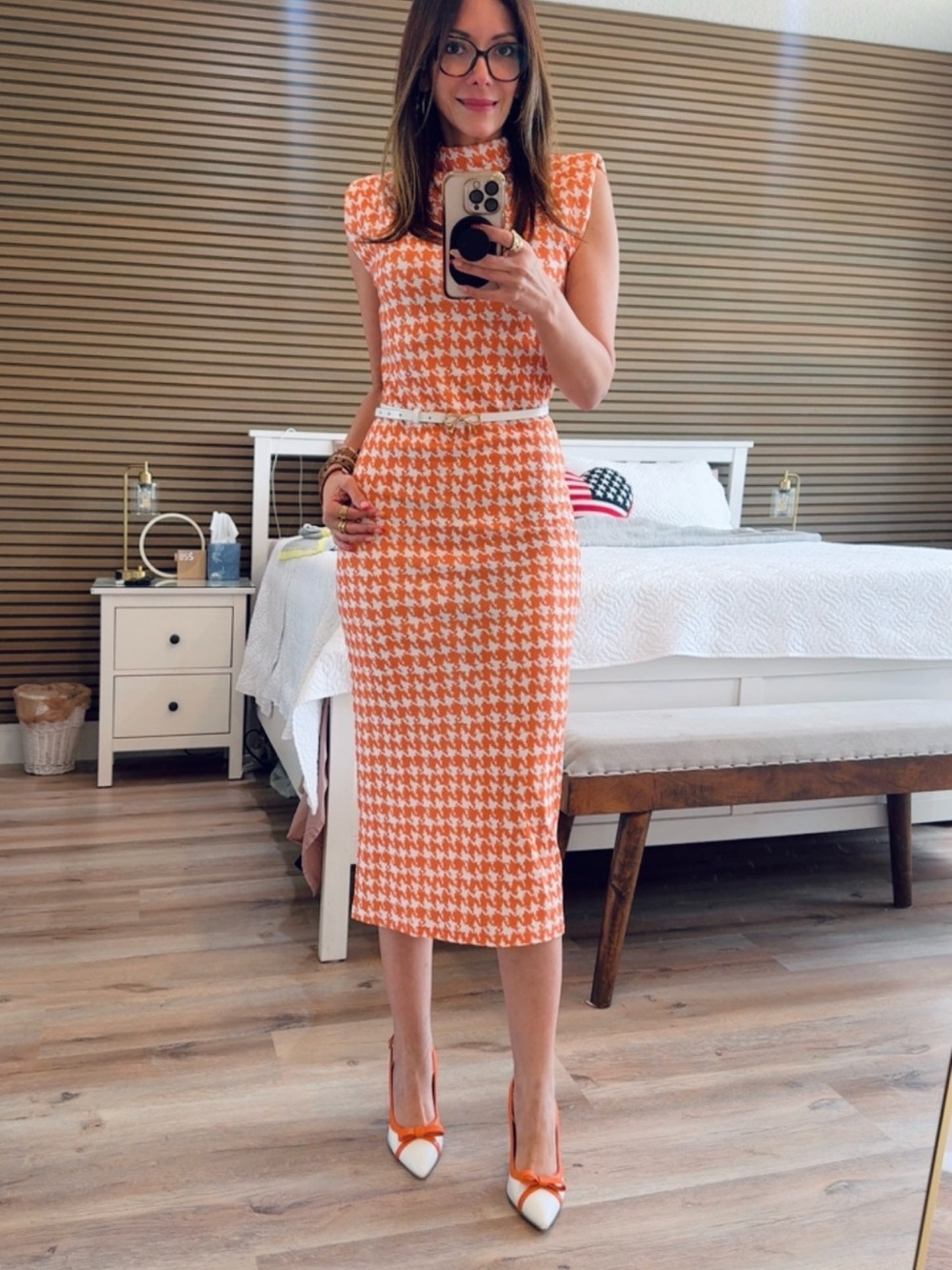 SHEIN Orange and White Houndstooth Midi Dress
